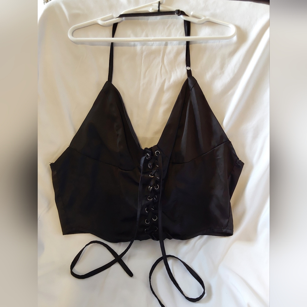 Top Chic Top, Women's Size Medium Black Halter Top with Front Tie Up